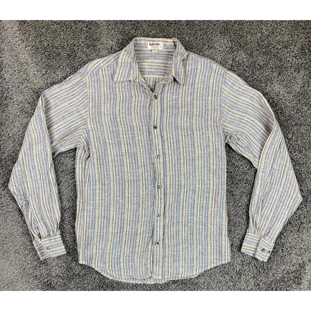Fabindia Mens 100% Linen Shirt Blue Yellow Striped Long Sleeve Fitted Sz 40 L